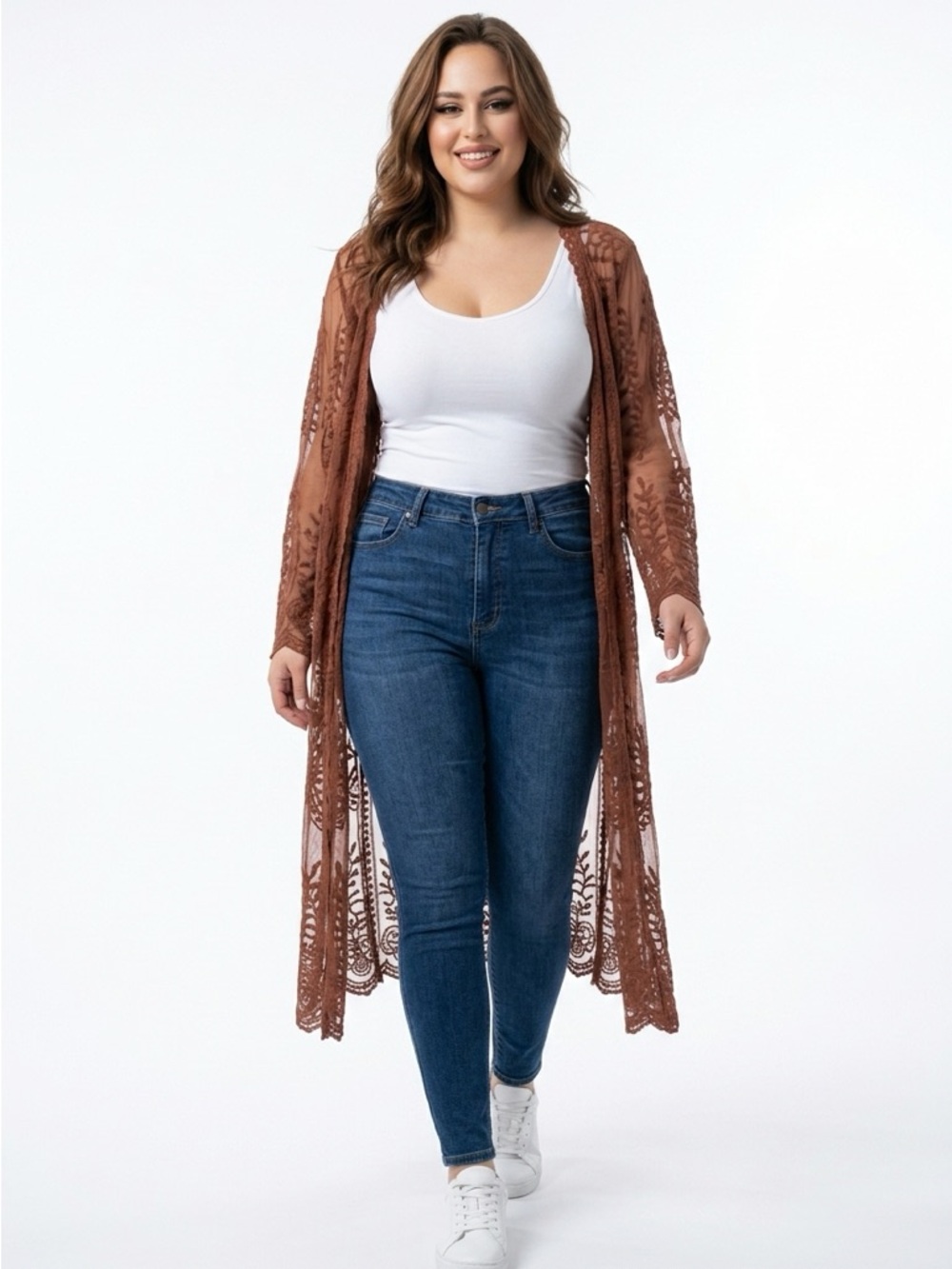 Long Brown Lace Duster Kimono - Picture 2 of 4
